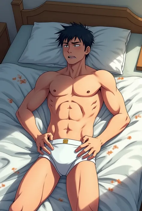 In the morning bed room,  a slender amd mascular young man in his tighty whities is lying on his bed. He wet his bed. theres urinate stains on his white briefs and bed. He is holding his crotch. He looks embarrassed. His young brother finds it funny, and l...