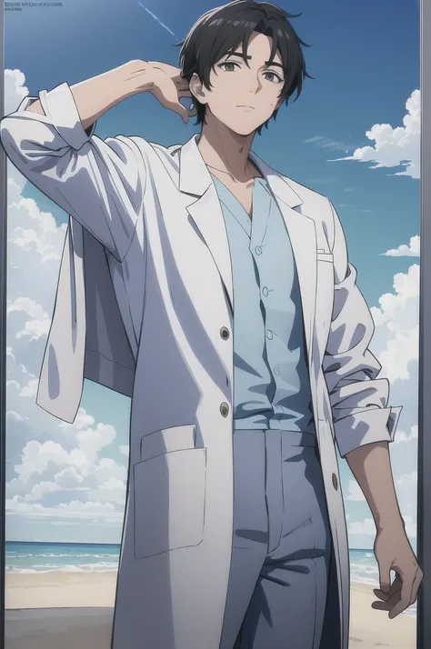 absurdmasterpiece, site, 4k, HDR-10, The best quality, Young boy, black hair, white skin, sky blue shirt, doctor&#39;s coat, serious gaze.