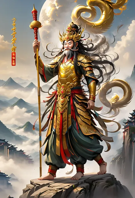 supreme god of chinese mythology,a human god with hair on part of his chest and monkey hair,legendary epic,full body,golden deta...