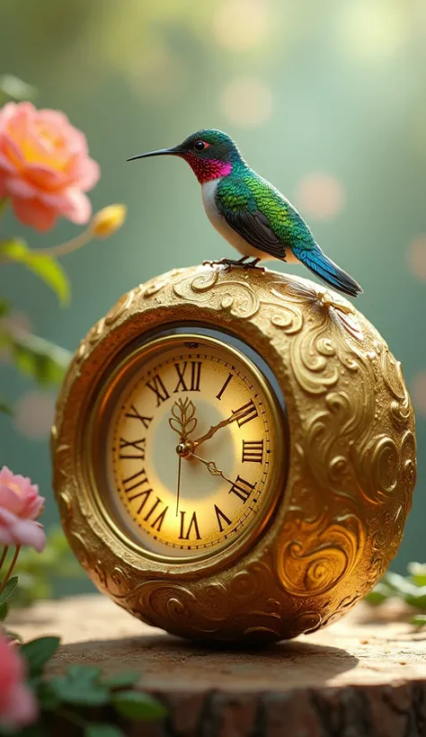 Hummingbird and nut clock made of gold waves