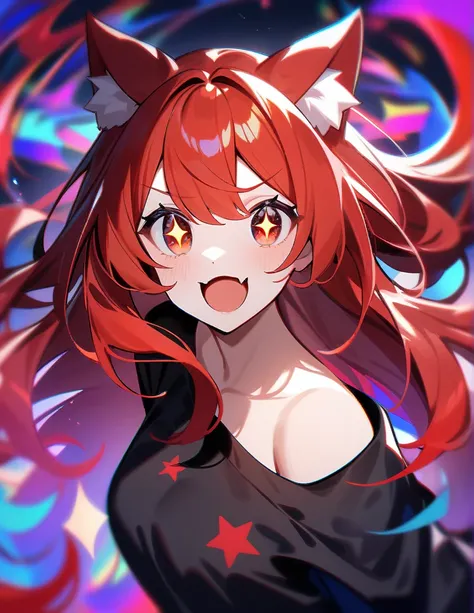 (masterpiece, best quality), ((1 girl, (mature female) red multicolored long hair), (red multicolored star-shaped pupils, +_+, symbol-shaped pupils, sparkling eyes), (cat ears, open mouth)), (looking at viewer, underestimate smile, off shoulder), (abstract...