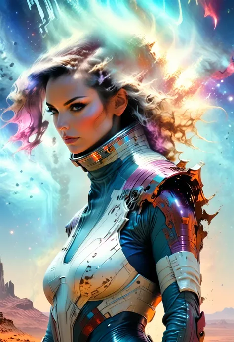 space woman standing on the edge of horizon looking at the view and viewer, sci fi art style of the masters,