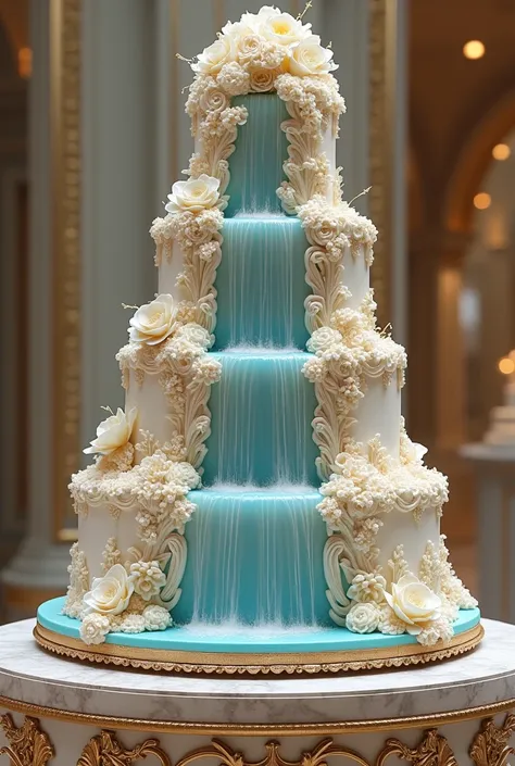 A very detailed wedding cake with a waterfall