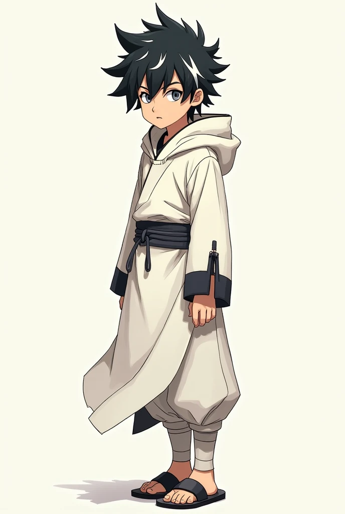 boy of about , with a white hooded tunic with black lines and ninja sandals, The boy&#39;s eyes are grey, Her hair is black with white streaks, Do you think you can do it with the drawing style with which they made the Avatar: The Last Airbender series?