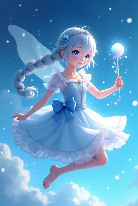 Light blue braided hair only one braid blue eyes like the sky moon hairclips Flowy dress flying with light blue wings the dress is frilled and patterned with diamond and sapphires it is a female she is in the blue night sky she is holding a wand with a moo...