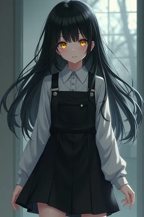 You can generate the image of a  girl with not so long straight bangs and long black hair and clothes, a white shirt over it with a black overall dress and black and white tights and black boots and yellow eyes.