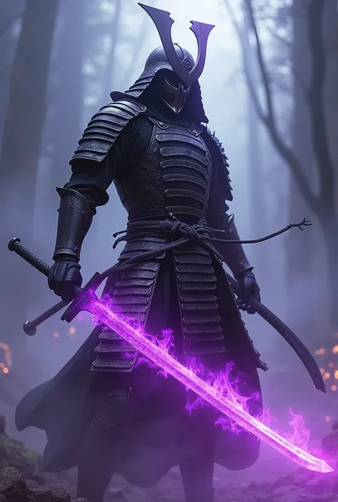 A dark samurai with a violet flaming sword
 