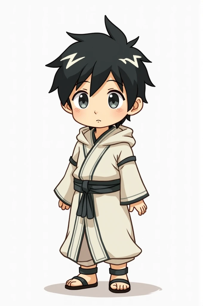 boy of about 1, with a white hooded tunic with black lines and ninja sandals, The boy&#39;s eyes are grey, Her hair is black with white streaks, Do you think you can do it with the drawing style with which they made the Avatar: The Last Airbender series?