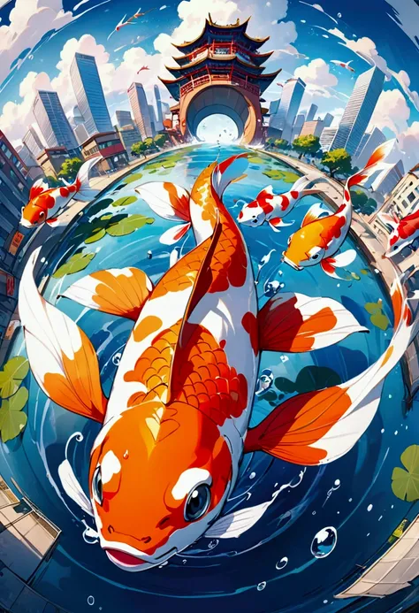 impressionism of (Koi fish surrounding a dragon with ( friendly expression:1.2)), full body, open mouth, (flying over the urban landscape:1.2), (solo:1.1), splashing water droplets, cloud, (Oriental flat decor style:1.2), oil painting, colorful decorations...