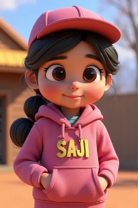 3D animation. We have a girl wearing a woodie in pink and there is a name written on the woodie "SAJI" the background is out door. Big girl