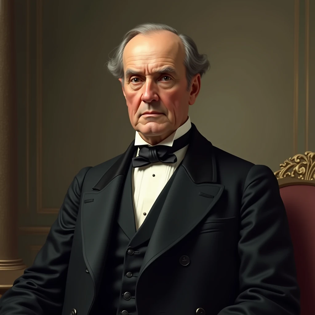 A historically styled portrait of William McKinley, the 25th president of the United States, wearing formal 19th-century attire. He is depicted in a dark suit with a vest and bowtie, with neatly combed hair and a calm, serious expression. The image should ...