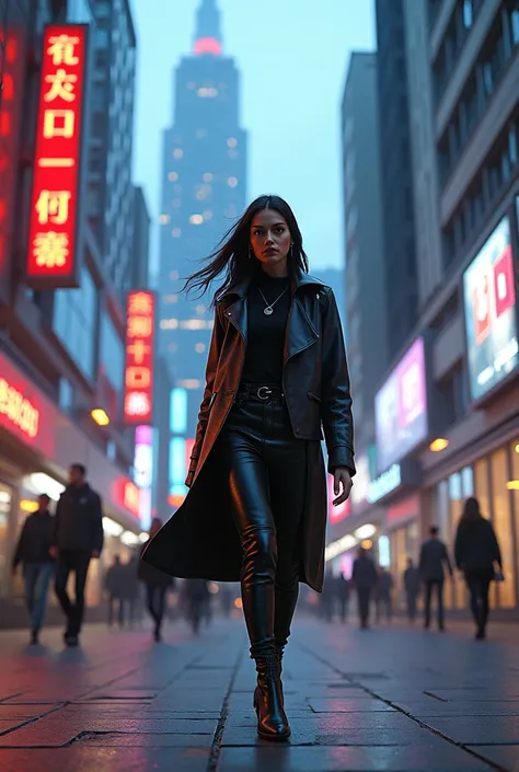 "A futuristic street in San Francisco at dusk, with modern skyscrapers and avant-garde architecture illuminated by neon lights and advertising holograms. A beautiful woman walks down the sidewalk, dressed in contemporary high-tech fashion, Combining smart ...