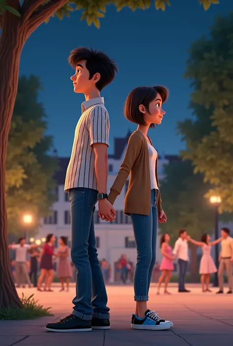 Pixar-style poster of a young couple, that are in a square, with trees, in the background a white building, It&#39;s night time, They are watching three couples dancing bachata. 
The boy is tall and has black hair., with denim jeans, white shirt with black...