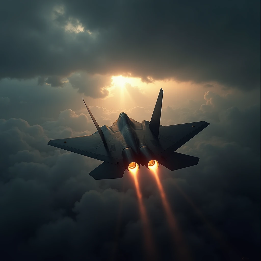 A high-speed, cinematic shot of a stealth fighter jet breaking the sound barrier, creating a massive sonic boom that ripples through the atmosphere. The jet is designed with sharp angles and dark, non-reflective surfaces, making it virtually invisible agai...