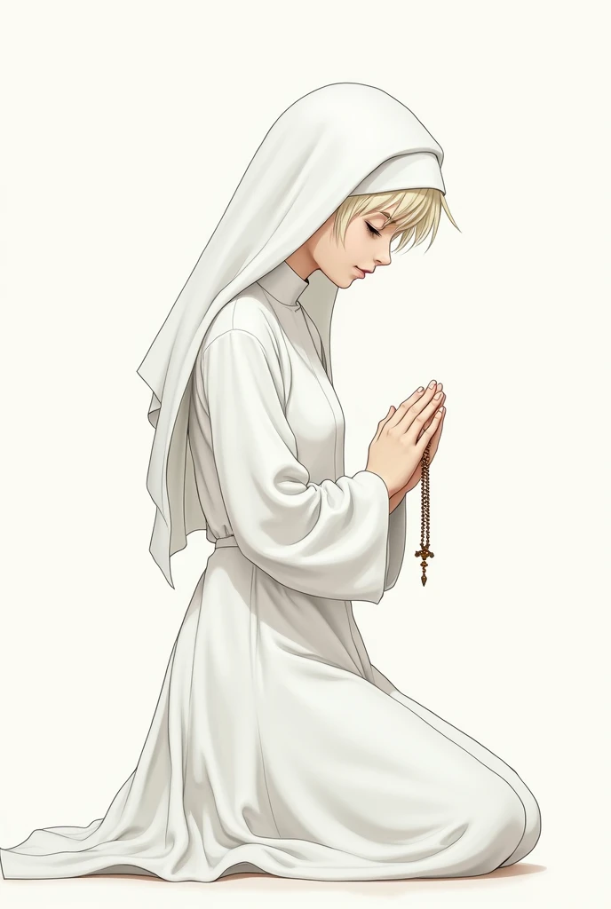 young white-skinned nun in her white nun&#39;s dress, kneeling to pray, with a rosary in his hand that can be seen in profile, looking to the right side. in drawing style