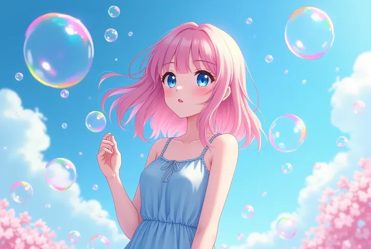 high quality, 8K Ultra HD, high detailed, masterpiece, A digital illustration of anime style, soft anime tones, Detailed illustration of many colorful soap bubbles falling from the sky on a beautiful woman, pale blue dress, colorful colors, colorful woman,...