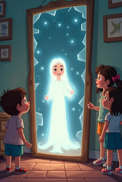 in a house. There were 1 boy and 2 girls watching a bright light emerge from where the broken mirror was, Where a white girl came out, she appeared for a moment, smiling gratefully. “Thank you… now I am free,”. cartoon