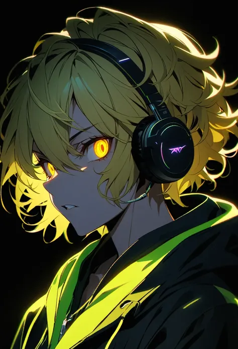 solo、Yellow Hair、Wavy hairstyle、Semi-long、Cat Eyes、Sharp Eye、Rinnegan、Yellow Eyes、cool、Very detailed,male、1 person, 20th Generation、Alone, hoodie, ,Headphone RGB lighting