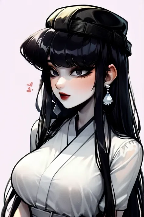 komi_shouko, black hair, hat, lipstick, monochrome, jewelry, earrings, dress