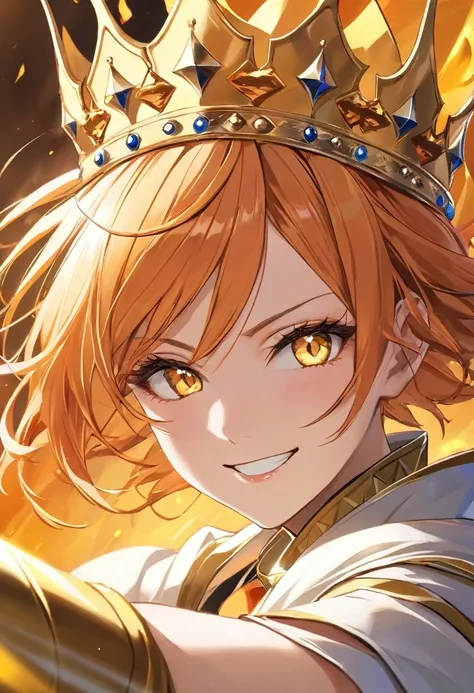 Cool adult woman、Short orange hair and yellow eyes、Fearless Smile、(Face close-up)、Modal clothes、king、Wearing a crown、Fighting