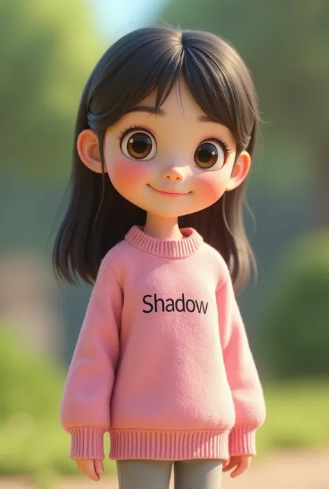 3D animation. We have a girl wearing a woodie in pink and there is a name written on the woodie "shadow" the background is out door. Korean cute