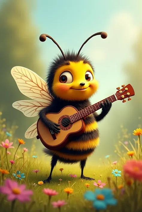 Create image of a bee playing guitar 