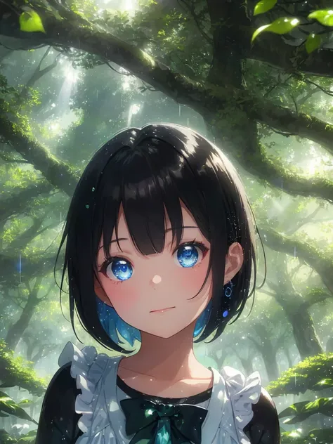 A young girl with short black hair and glowing blue eyes stands in a magical forest, illuminated by soft sunlight streaming through the leaves. Raindrops gently fall around her, creating a serene, dreamlike atmosphere. Her face, slightly flushed with a sen...