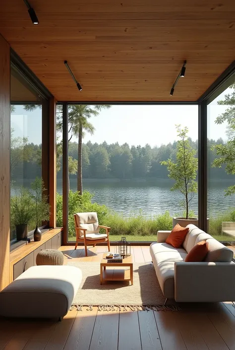  Close up interior of a cozy and modern living room in a dark green single-storey waterfront shipping container home, designed with large glass windows and natural wood. The ground floor is open plan with both indoor and outdoor living spaces. Simple furni...