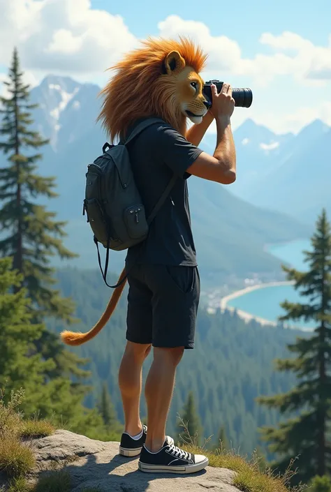 Create a picture of a teenager with a lion&#39;s head, a human body, wearing a black t-shirt, black shorts, and sneakers. The same person, taking a picture of a view on a mountain with trees.