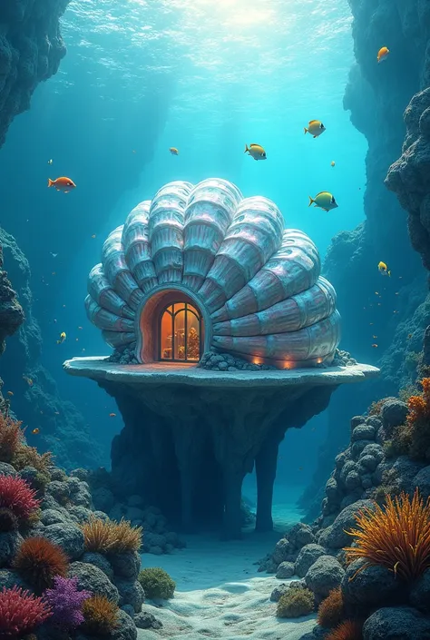 a beautiful detailed underwater house made of a giant seashell, colorful tropical fish swimming around, detailed ocean scenery, 8k, high resolution, photorealistic, vibrant colors, dramatic lighting, cinematic, masterpiece