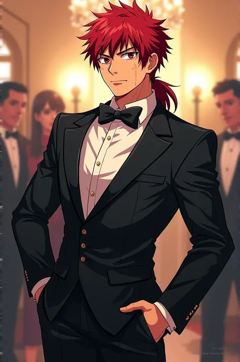 Create drawing in Boku no Hero style, A Kirishima Eijirou (red hair, red eyes, hair tied in a low ponytail, scar on right eye, muscular) in formal party attire. 