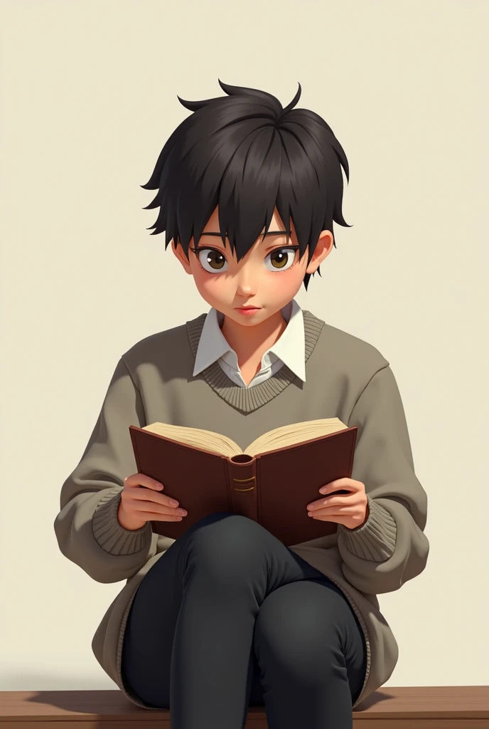 A student , sitting and holding a book. No background just the student 