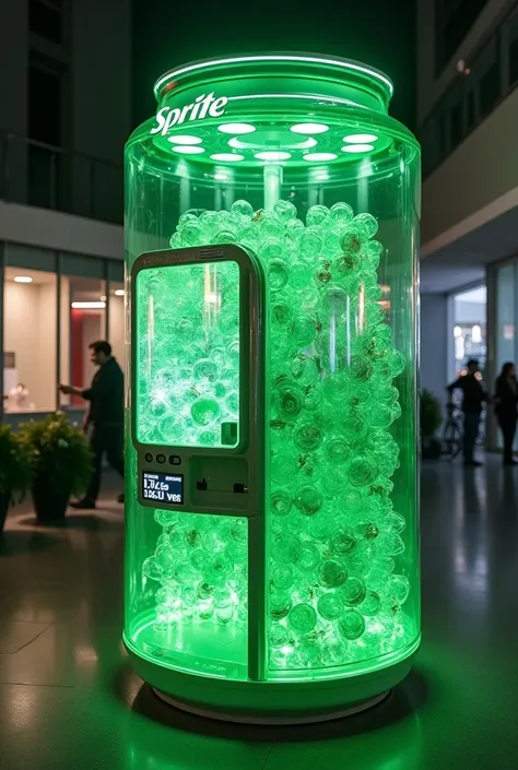 plastic bottle recycling machine, The machine is shaped like a cylindrical soda can that is transparent and that from the top of the machine shines lights that illuminate upwards from bottom to top.. Also, the Sprite logo should appear and there should be ...