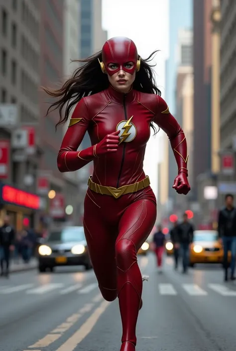 Megan fox dressed as the flash running through the streets realistic image HD 4k 