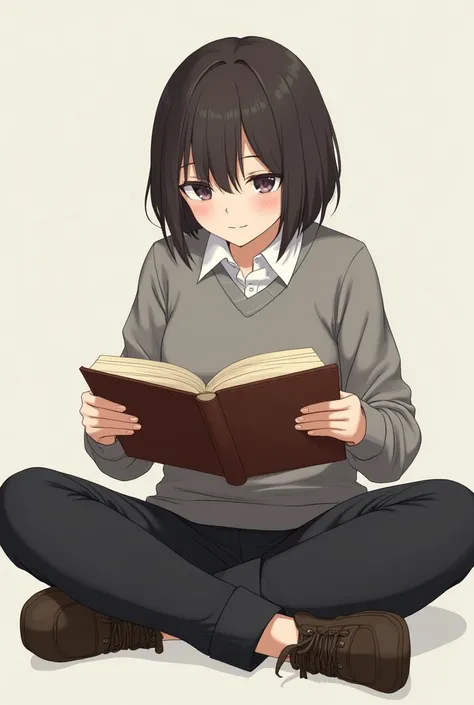 A student , sitting and holding a book. No background just the student 