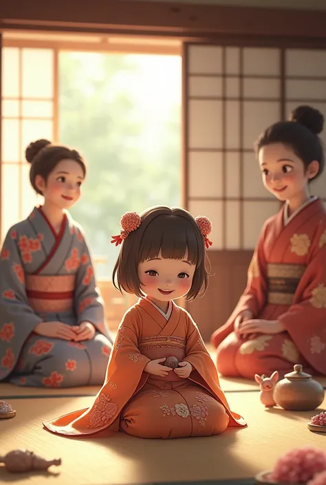 A  princess playing on a tatami mat。Mother and maid、While the guardian watches over them kindly、The princess is happily playing with her toys。The warm light of the Japanese-style room shines in.、Realistic textures and details are emphasized