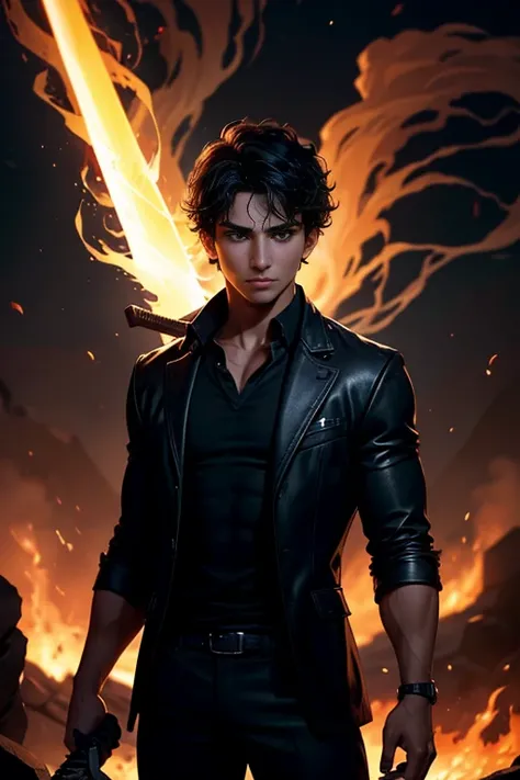 Depicting a lonely boy against a burning backdrop in 1.4:

Depicting a lonely boy against a burning backdrop in 1.4: A lonely boy, with black curly hair, stands against a backdrop of hell that resembles magic. His athletic build is dressed in a black shirt...