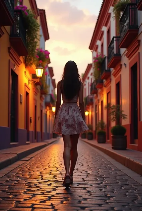 "A street in the historic center of Querétaro, Mexico, At dusk. Colonial buildings with colorful facades and flower-adorned balconies reflect the golden light of the setting sun.. The cobblestone streets shine under the warm glow of the sky tinted with pin...