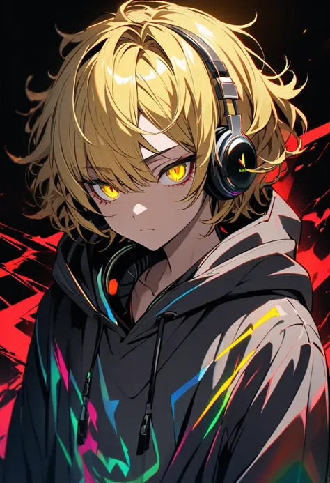 solo、Yellow Hair、Wavy hairstyle、Semi-long、Cat Eyes、Sharp Eye、Rinnegan、Yellow Eyes、cool、Very detailed,male、1 person, 20th Generation、Alone, hoodie, ,Headphone RGB lighting