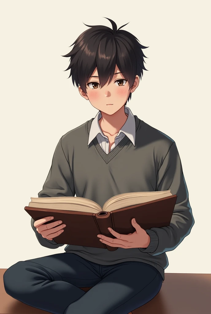 A student , sitting and holding a book. No background just the student 