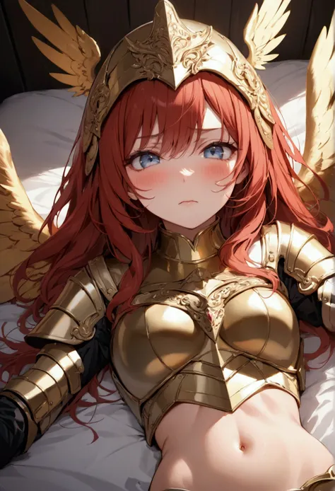 Angry, solo, woman, helmet with golden wings, red hair, breastplate, gold armor, blush, navel, Abdomen, mature women , lying on bed, leg split,
(insanely detailed, beautiful detailed face, beautiful detailed eyes, masterpiece, best quality), solo, 1boy, po...