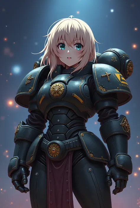 You can generate an anime version of the character Tanya von Degurechaff from the anime Youjo Senki in a space marine costume from the Warhammer 40k universe where her original anime face and facial features are still preserved.
