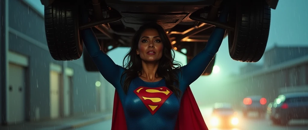 Supergirl Paula Patton dark skin (((brunette, very beautiful and strong old Supergirl flying, Supergirl com light brown skin; rainy night; wet body; (((1978 Superman moive costume))) ))) Super old woman powerful; confident, powerful, indestructible, attrac...