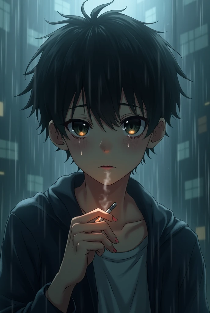 Anime boy heavy tears falling down from eye  in rain and cigarette whats app dp size image 