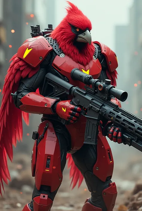 Create a scenario for the pure Sniper game, In the center, head to toe, a burly sniper in a Marvel falcon suit but as a robotic cardinal bird with energy indicators and a rifle in hand, Marvel style. 