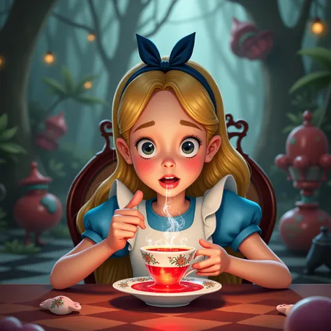 Alice drinking, in a cup, a red liquid, making it smaller 