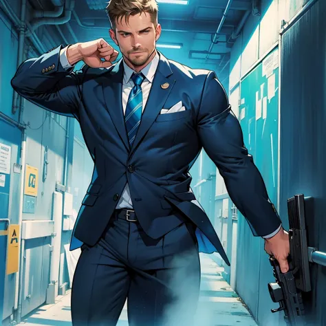 1 man, male focus solo,45 yo man,Stephen AMELL as private investigator,  lean muscle, blue shirt, marine blue businessman suit ,( tie) ,( huge bulge with visible cock trace ), full body shot, dark blond short hair, well groomed facial hair, holding a gun w...