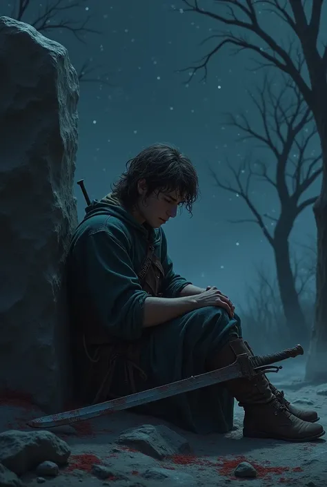 Create an image based on this text, in a realistic and profound way.

Imagine a young warrior looking tired and marked by pain. He is sitting next to a large stone, shrouded in shadows. The night sky is filled with stars that contrast with the darkness aro...