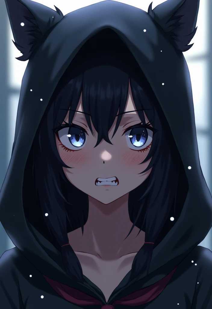 Best Quality, Best Quality, High resolution,One girl, solo, Sparkle Effect, anime風, anime, Wolf Cut, Black Hair, Wolf Ears, tooth, toothが尖っている, A disdainful look, Frowning, toothを見せる, Yandere, envyする, Dark Eyes, envy, envy, envy, Hood worn, Blurred, anime風...