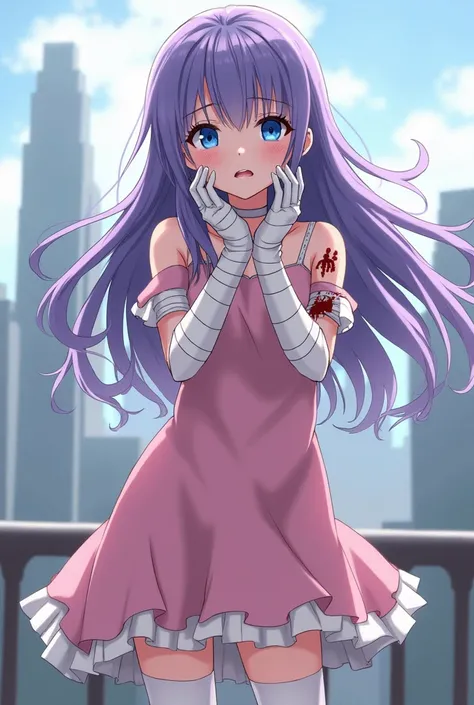 You can create a spiderman style girl with An anime manga style girl with blue eyes, pale skin, eyes with dark circles and , pastel pink dress with white, white gloves, bandages on his body, white medium stockings and black shoes long purple hair with bloo...